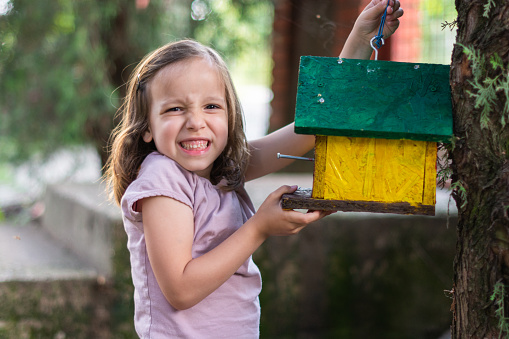 Cute little girl hangs a birdhouse on a tree