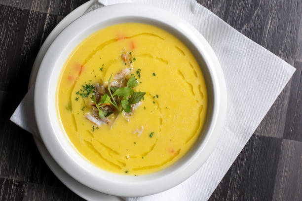 istock Pumpkin crab soup on a white bowl 1250931867