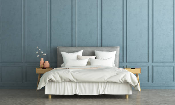 istock Elegant and comfortable bedroom interior design and blue wood wall background 1250934433