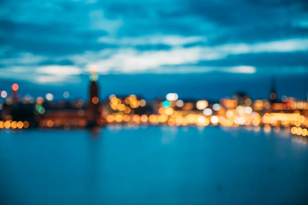Stockholm, Sweden. Night Skyline Abstract Boke Bokeh Background. Design Backdrop.