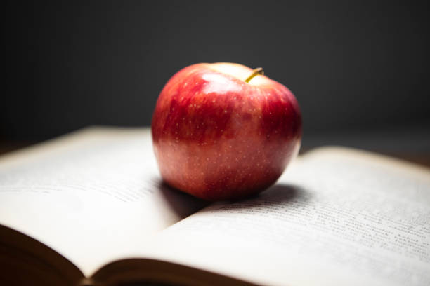 mela rossa sul libro - old fashioned desk student book foto e immagini stock