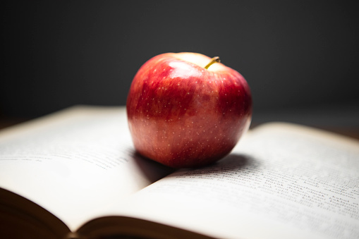 fresh red apple and book