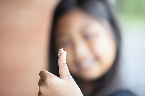 One small frog perched on the girl's finger. The concept of animal love and animal conservation