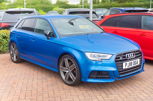 Staffordshire, England - 16 June 2020: An Audi S3 Sportback/Hatchback on the forecourt at an Audi dealership.