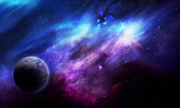 istock abstract space 3D illustration, 3d image, background, a bright planet in space in a nebula and the shining of stars in purple tones 1250942006