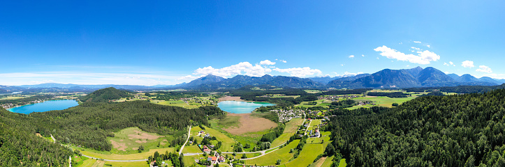 Lake Klopeiner See and Turnersee in Carinthia, Austria. Aerial view to the beautiful lakes and the mountains in Slovenia.