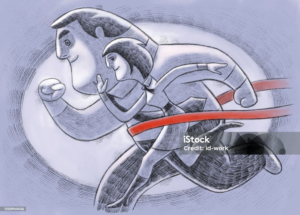business couple crossing finish line digital painting / raster illustration of business couple crossing finish line Leadership stock illustration