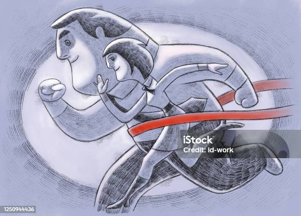 Business Couple Crossing Finish Line Stock Illustration - Download Image Now - Leadership, Achievement, Adult