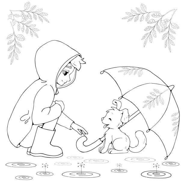 illustrations, cliparts, dessins animés et icônes de le garçon de dessin animé garde un chien mignon (chiot) sous son parapluie. livre de coloriage. - cartoon umbrella dog care