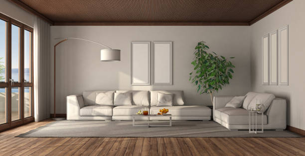 istock Minimalist white living room with wooden ceiling 1250948118