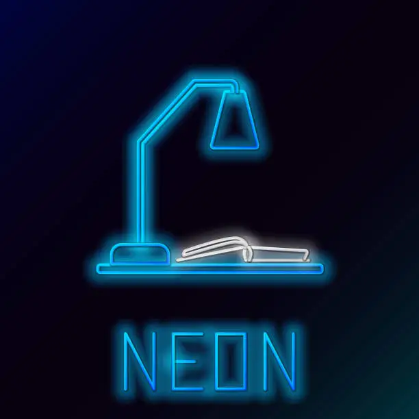 Vector illustration of Blue glowing neon line Workplace with table lamp and open book icon isolated on black background. Table office lamp. Colorful outline concept. Vector Illustration