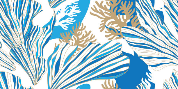 ilustrações, clipart, desenhos animados e ícones de algas azuis e corais em um fundo branco - seaweed seamless striped backgrounds