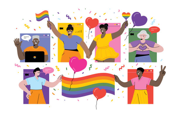 illustrazioni stock, clip art, cartoni animati e icone di tendenza di celebrare l'orgoglio online - homosexual gay man symbol homosexual couple