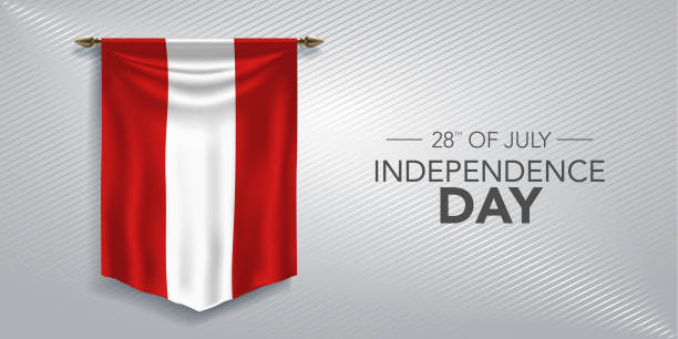 Peru independence day greeting card, banner, vector illustration Peru independence day greeting card, banner, vector illustration. Peruvian national day 28th of July background with pennant red pennant stock illustrations