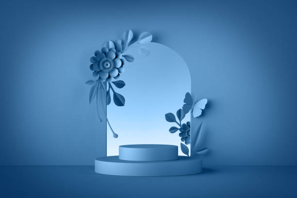 istock 3d rendering, blue floral background. Frame with paper flowers, botanical arch and empty pedestal, product showcase. 1250958407