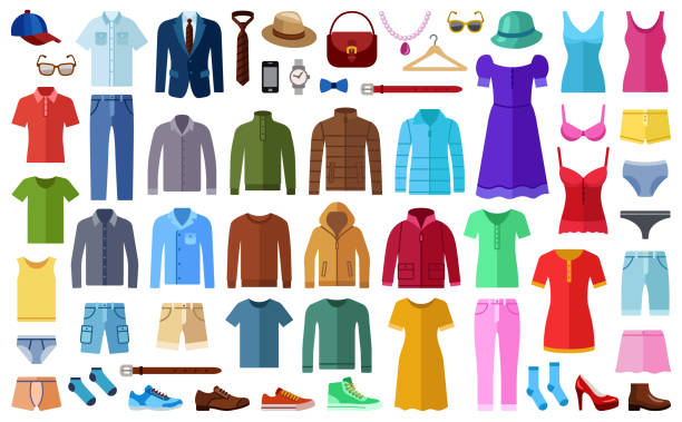 Woman and man fashion clothes Woman and man clothes and accessories collection - fashion wardrobe - vector color illustration hat illustrations stock illustrations