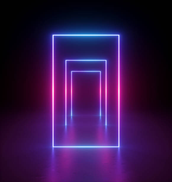 istock 3d render, abstract minimal geometric background. Glowing neon lines. Tunnel, corridor, stage illumination, fashion podium. Blank rectangular frame with copy space 1250958581