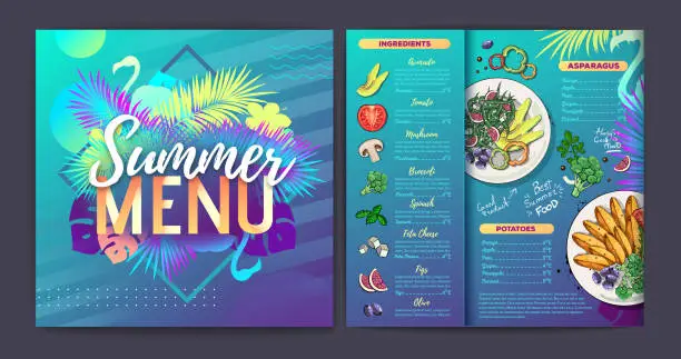 Vector illustration of Restaurant summer tropical gradient menu design with fluorescent tropic leaves and flamingo. Fast food menu