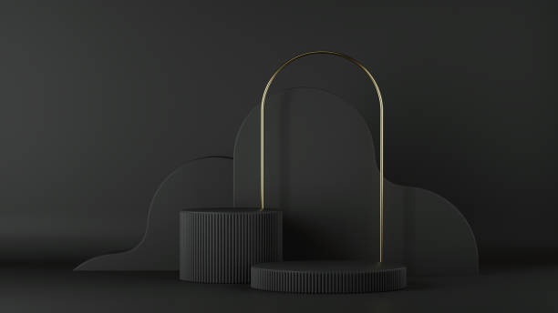 istock 3d render, abstract minimalist black background. Empty cylinder podium, vacant pedestal, round stage, showcase stand, product display, blank board, expo platform. Copy space. Modern premium design 1250960828