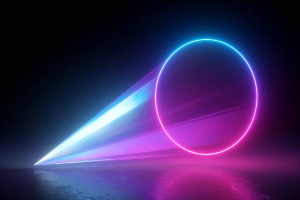 istock 3d render, abstract pink blue projector, neon light over black background. Round geometric shape glowing. Laser show illumination. Disco rays, colorful beam 1250961615