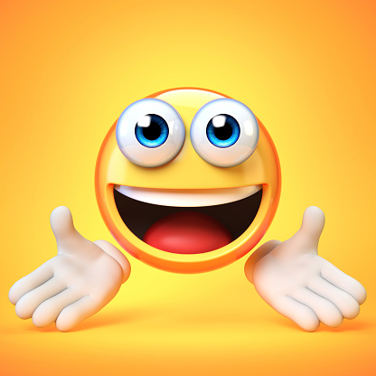 Presenting emoji isolated on yellow background, greeting emoticon 3d rendering illustration