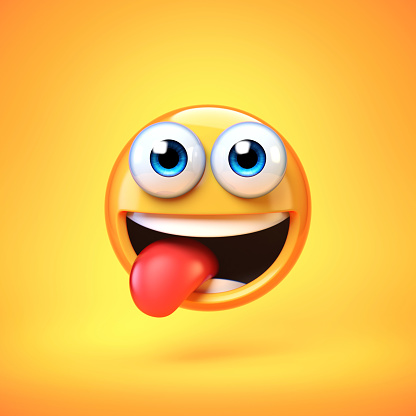 Emoji isolated on yellow background, smiling face emoticon with stuck-out tongue 3d rendering illustration