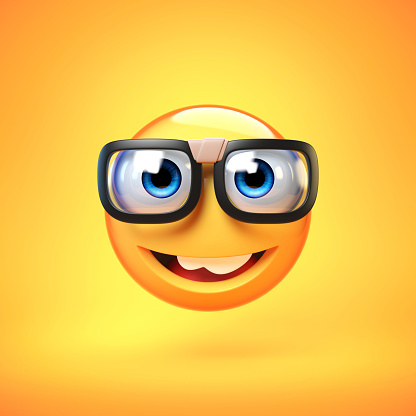 Nerd emoji isolated on yellow background, emoticon with nerd glasses 3d rendering illustration