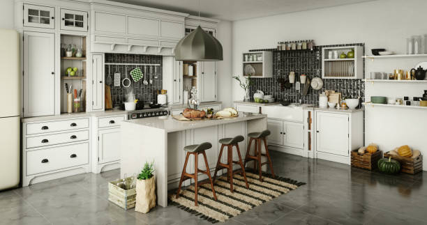 Domestic Kitchen Interior Digitally generated luxury (stylish) domestic kitchen interior with rustic elements.

The scene was rendered with photorealistic shaders and lighting in Autodesk® 3ds Max 2020 with V-Ray 5 with some post-production added. kitchen island stock pictures, royalty-free photos & images