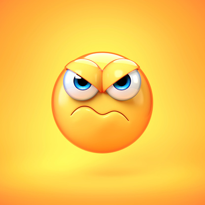 Grumpy emoji isolated on white background, frowned emoticon 3d rendering illustration