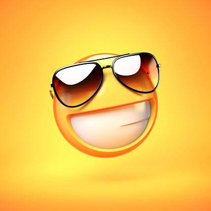 Cool emoji isolated on yellow background, smiling emoticon with sunglasses 3d rendering illustration