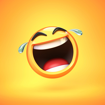 Happy cry Emoji isolated on yellow background, laughing face emoticon 3d rendering illustration