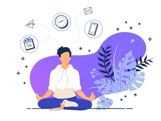 Vector illustration of Vector illustration concept of businessman practicing meditation in office. The man sits in the lotus position, the thought process, the inception and the search for ideas. Practicing Yoga in work