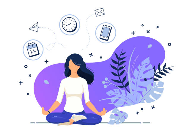 Vector illustration concept of businesswoman practicing meditation at office. The girl sits in the lotus position, the thought process, the inception, and the search for ideas. Practicing Yoga in work Girl in a Yoga lotus position and doing several actions at the same time. Multitasking. Time management. Office Vector illustration concept of businesswoman practicing meditation. White isolated background relaxed stock illustrations