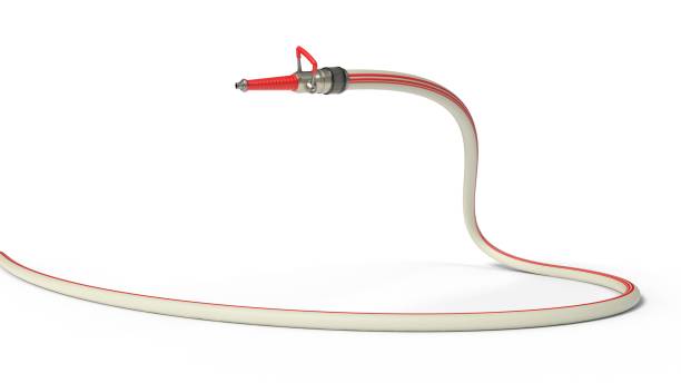 fire hose with modern nozzle. isolated on white background. 3d illustration - fire hose imagens e fotografias de stock