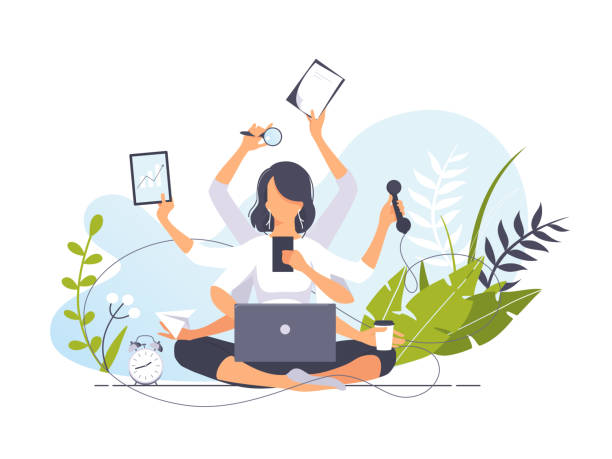 Vector illustration concept of businesswoman practicing meditation in office. Girl with many hands sits in the lotus position, the thought process, the inception and the search for ideas. Yoga Freelancer girl with many hands sits in a Yoga lotus position and doing several actions at the same time. Multitasking. Vector illustration concept of businesswoman practicing meditation. managing stress stock illustrations