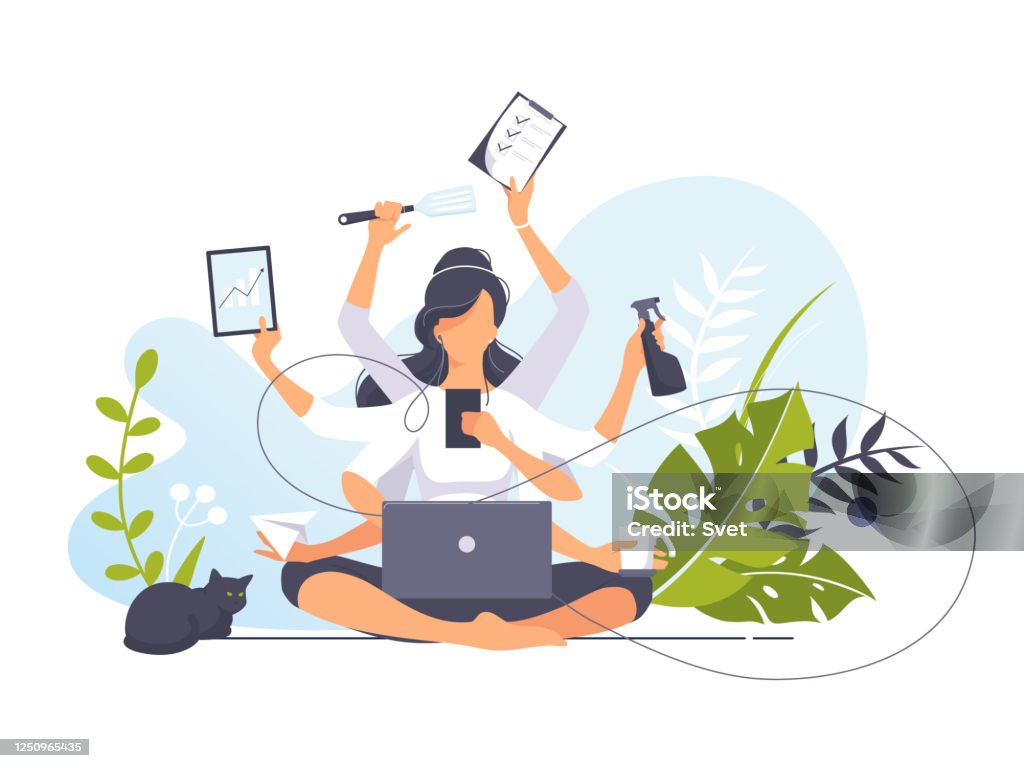 Freelancer girl with many hands sits in Yoga lotus position and doing several actions at the same time. Multitasking. Vector illustration concept of business woman practicing meditation. Cat Vector illustration concept of businesswoman practicing meditation in the office. Girl with many hands sits in the lotus position, the thought process, the inception, and the search for ideas. Yoga Women stock vector