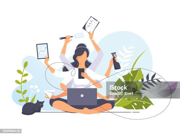 Freelancer Girl With Many Hands Sits In Yoga Lotus Position And Doing Several Actions At The Same Time Multitasking Vector Illustration Concept Of Business Woman Practicing Meditation Cat Stock Illustration - Download Image Now