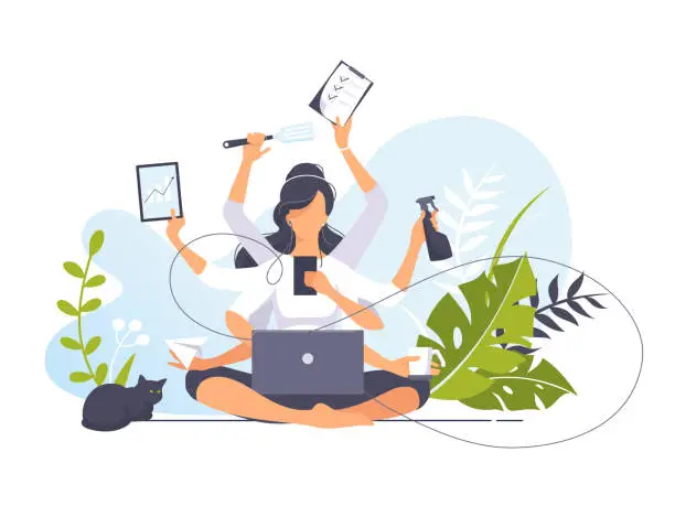 Vector illustration of Freelancer girl with many hands sits in Yoga lotus position and doing several actions at the same time. Multitasking. Vector illustration concept of business woman practicing meditation. Cat