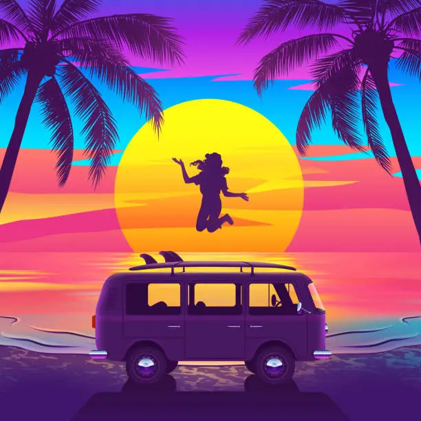 Vector illustration of Vintage retro surfboard van with a surfboard on the roof, and a girl jumping up at sunset on a beautiful beach with palm trees