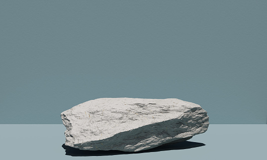 Pedestal de piedra natural para la presentación de marca y embalaje. Concepto cosmético y de moda. Podio gris con textura de piedra de mármol sobre fondo azul color pastel. Renderizado 3d. Ilustración 3D. photo