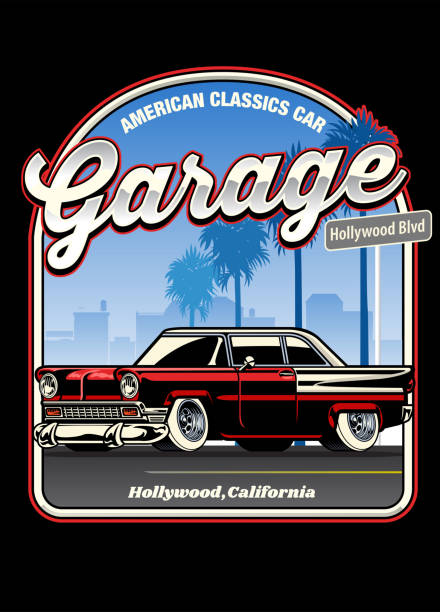 ilustraciones, imágenes clip art, dibujos animados e iconos de stock de diseño de camisa vintage de coche clásico americano - car california sports race motorized sport