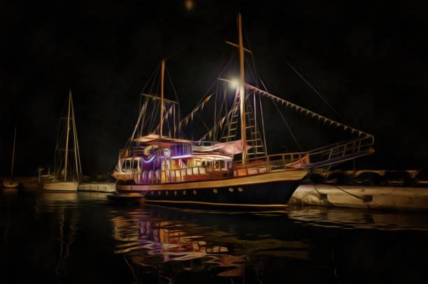 Boat on the sea in oil paint technic