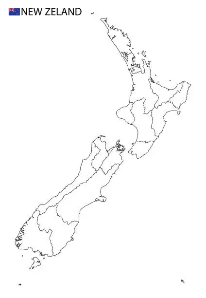 Vector illustration of New Zealand map, black and white detailed outline regions of the country.