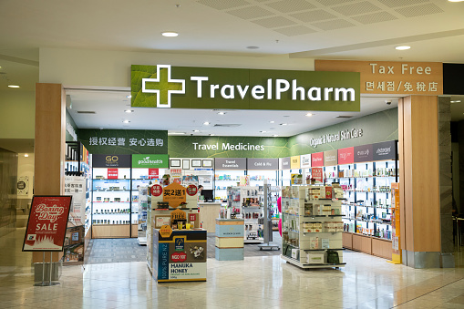Christchurch, New Zealand - December 30, 2018. TravelPharm store in the terminal of Christchurch Airport, Christchurch, New Zealand.