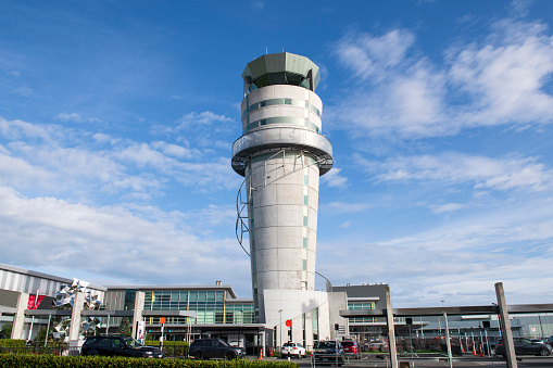 Christchurch, New Zealand - December 30, 2018. Traffic control tower at Christchurch Airport, Christchurch, New Zealand.