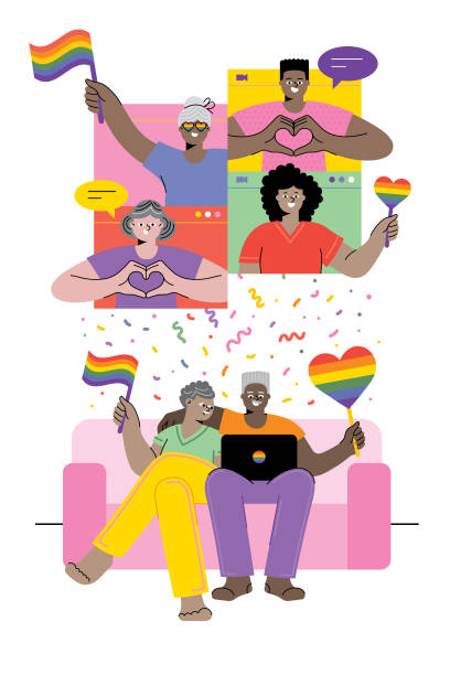 Older couple celebrating Pride LGBTQI Pride Virtual Event.
Editable vectors on layers. gay males stock illustrations