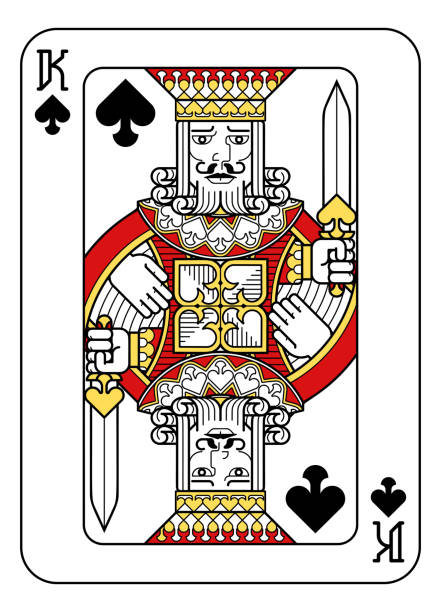 Playing Card King of Spades Red Yellow and Black A playing card king of Spades in red, yellow and black from a new modern original complete full deck design. Standard poker size King Size stock illustrations
