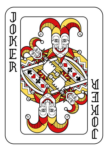 Playing Card Joker Red Yellow and Black A playing card Joker in red, yellow and black from a new modern original complete full deck design. Standard poker size clown stock illustrations