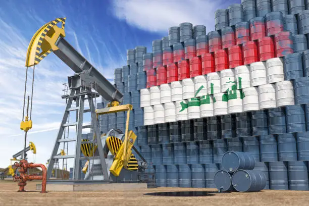 Oil production and extraction in Iraq. Oil pump jack and oil barrels with Iraqui flag. 3d illustration