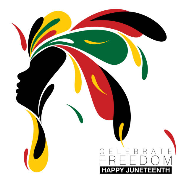 Juneteenth or Afro-American Freedom day Simple splash of abstract designs around a black silhouette of a woman for Juneteenth in national colors juneteenth celebration stock illustrations